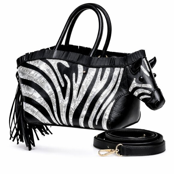 Classic Fashion Handbags - Black Zebra-Print Fringe Tote Bag with Removable Strap